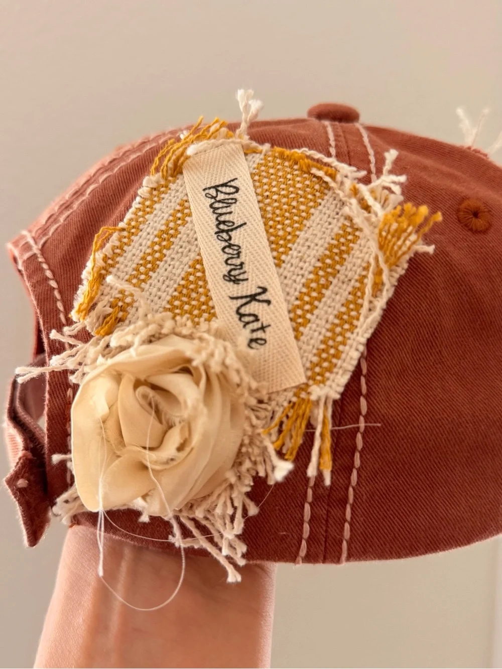 New KBETHOS Distressed Rose Applique Cap - Rust Decorated by Blueberry Kate